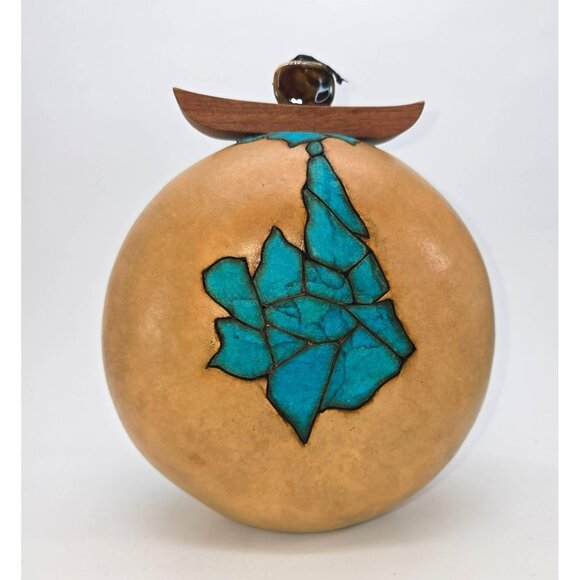 M & K Doolittle Handcrafted Gourd Art Decor With Turquoise Mosaic Wood Top je126 - Picture 8 of 14